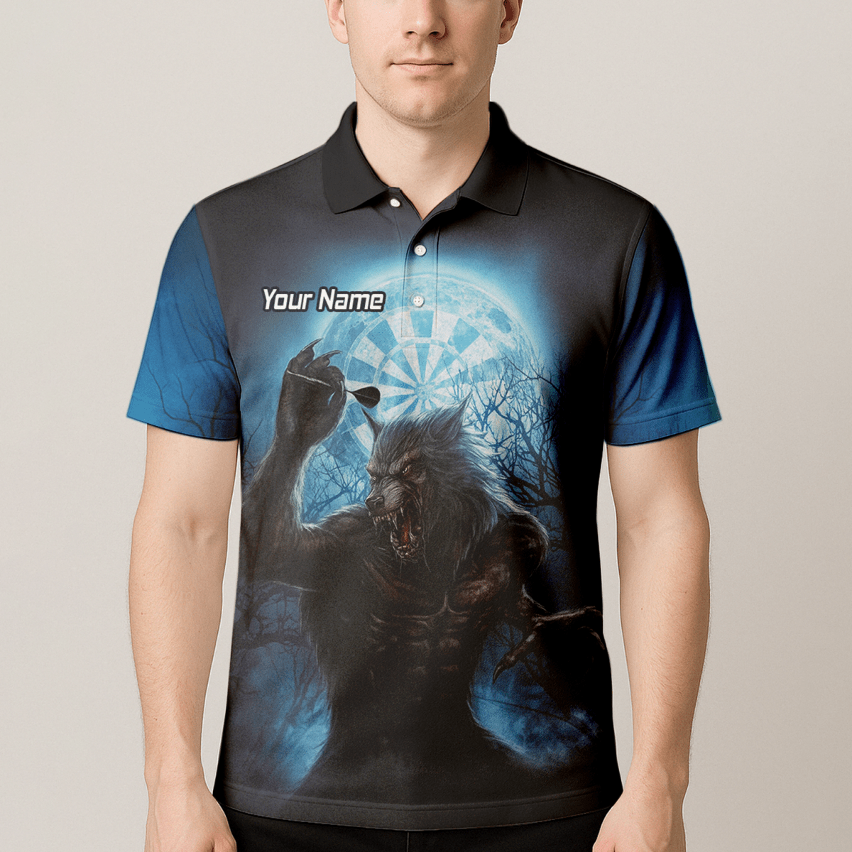 Personalisiertes Werwolf Mond Dart Poloshirt Herren Blau Schwarz Z5250 - Outfitsuche