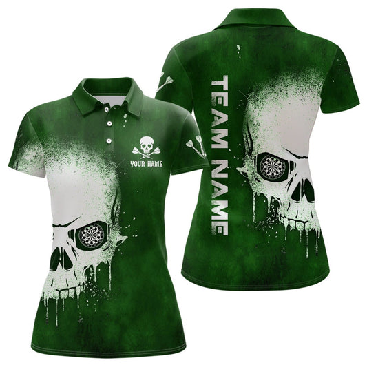 Rauchschädel Grün Damen Darts Polo Shirt Personalisiertes Darts Shirt für Frauen Gruselige Dart Trikots L1374 - Outfitsuche