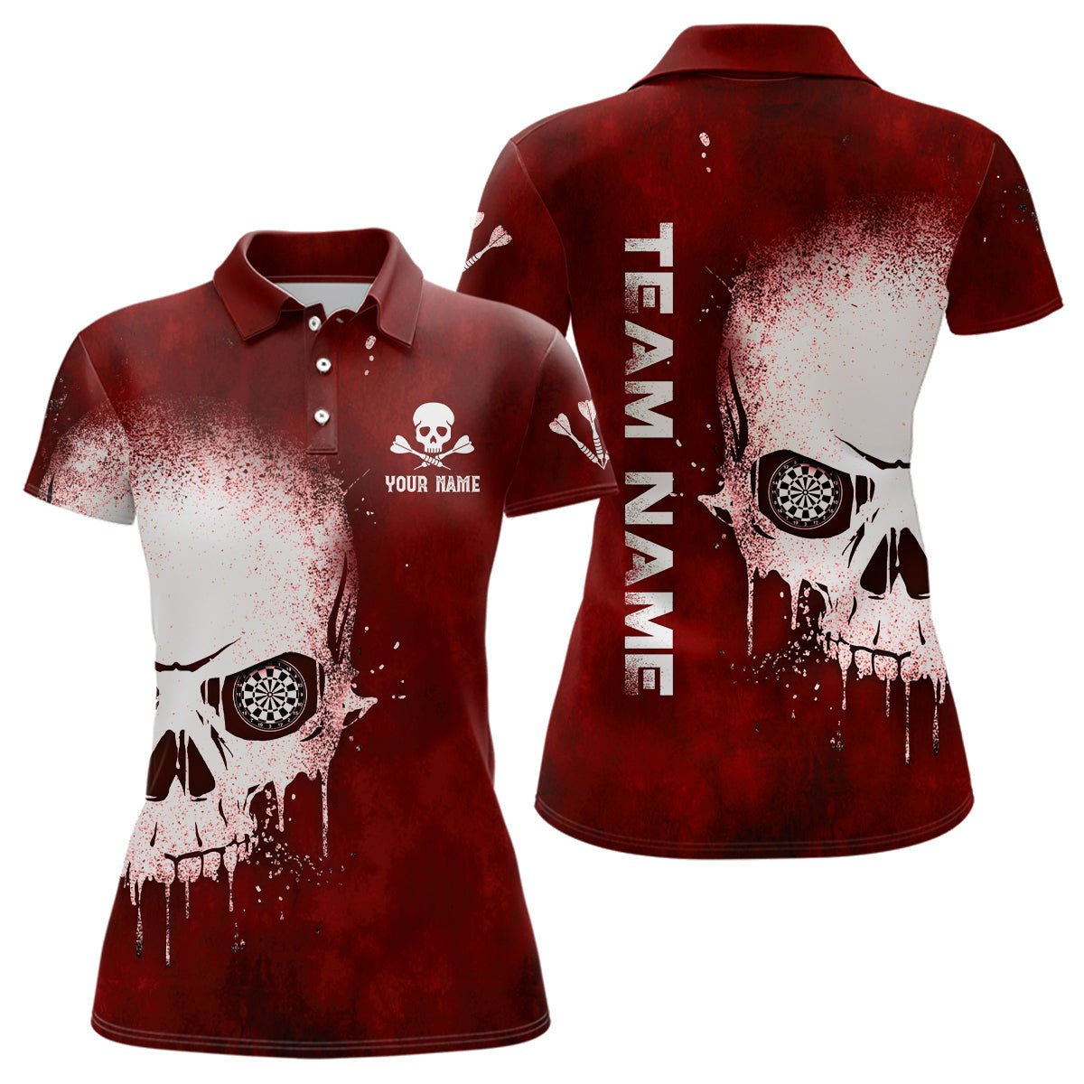 Rauchschädel Rotes Damen-Dartspolo-Shirt | Personalisiertes Dartshirt für Frauen | Gruselige Darttrikots L1375 - Outfitsuche