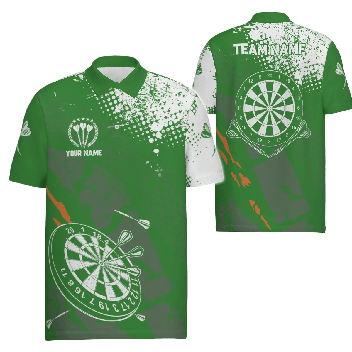 Retro grünes weißes Muster, individuell anpassbares Herren Darts Polo Shirt, Dart Team Trikots für Männer A103 - Outfitsuche