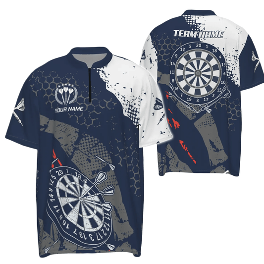 Retro Herren Darts Quarter Shirt mit marineblauem weißen Muster, individuell anpassbares Dart-Team-Trikot W767 - Outfitsuche