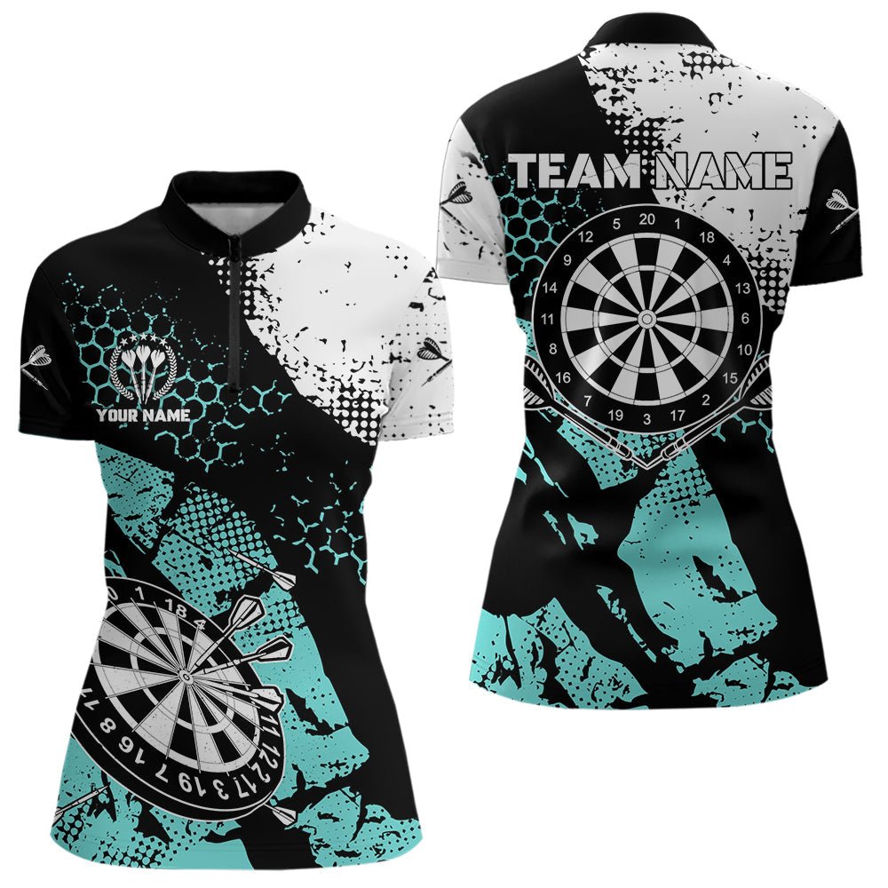 Retro Schwarzes Türkis Grunge Muster Darts Polo Shirt, Personalisiertes Team Dart Jersey T3542 - Outfitsuche