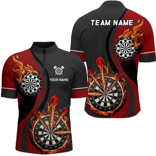 Rote Feuerflamme Herren Darts Viertelreißverschluss-Shirt | Personalisierte Dartshirts für Männer | Dart Trikots L1475 - Outfitsuche