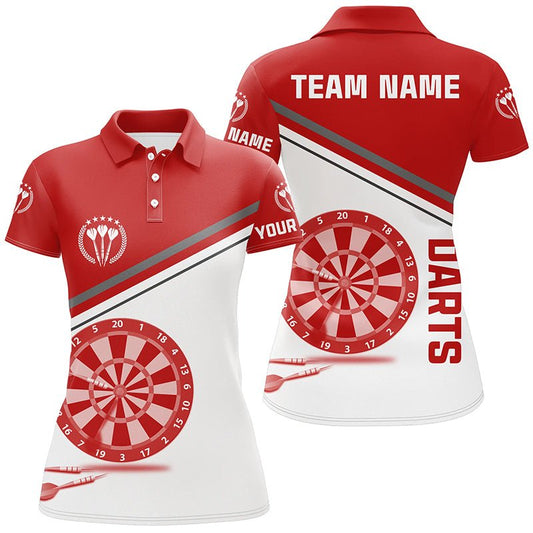 Rote Weiße Damen Darts Polo Shirt mit individuellem Namen - Personalisierte Darts Shirts für Frauen - Dart Trikots L1297 - Outfitsuche