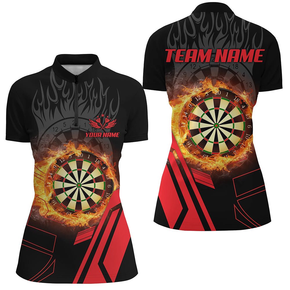 Rotes 3D Dartboard Flammen Damen Viertel - Zip Shirt - Individuelles Dartspieler Geschenk T1276 - Outfitsuche