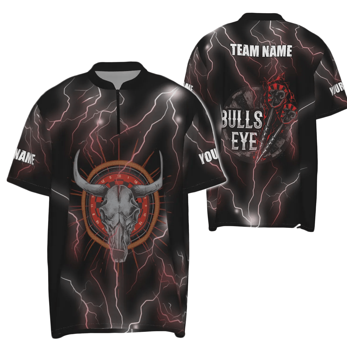 Schwarzes und graues Darts-Quarter-Zip-Shirt mit Blitz und Donner, individuell anpassbares Herren-Darts-Trikot T578 main image 0
