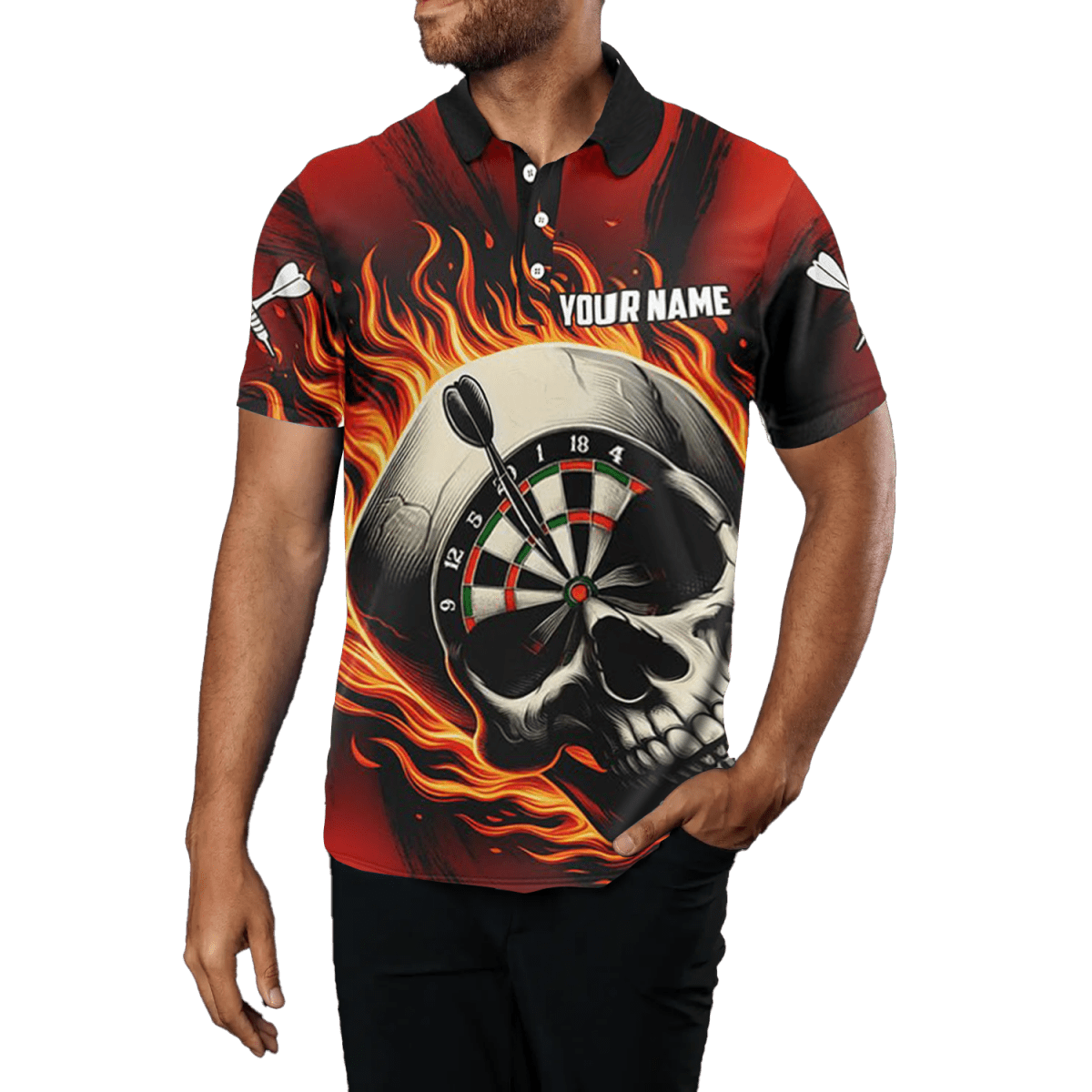 Rotes Dart Polo Shirt für Herren | Flammender Dart Schädel | Team Dart Trikots T1220 - Outfitsuche