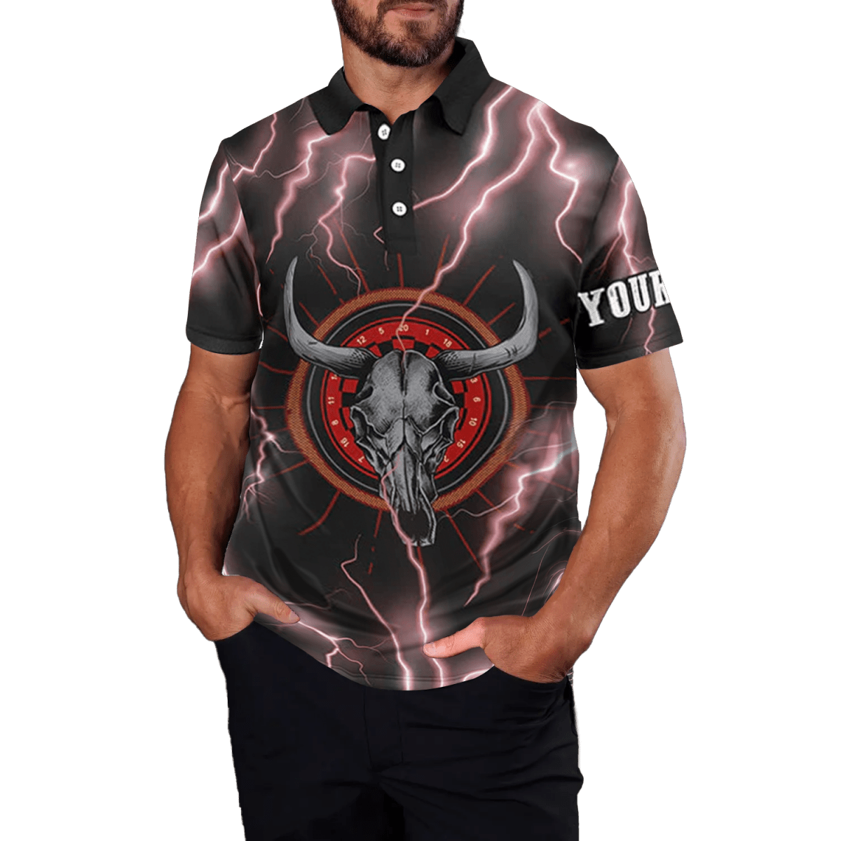 Rotes Darts Polo - Shirt für Herren, mit Blitz, Donner und Stierenschädel Motiv I15 - Outfitsuche