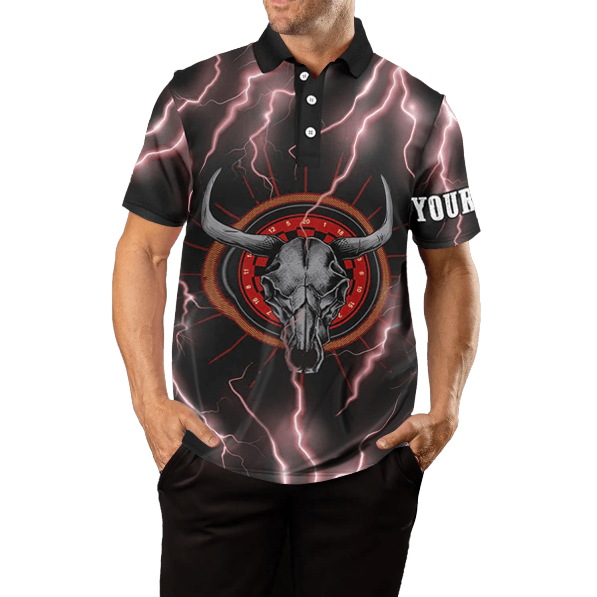 Rotes Darts Polo - Shirt für Herren, mit Blitz, Donner und Stierenschädel Motiv I15 - Outfitsuche