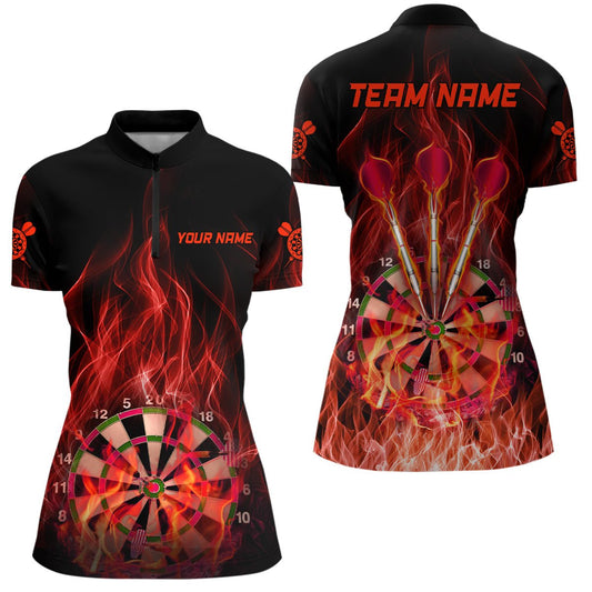 Rotes Feuerflammen Damen Darts Viertelreißverschluss-Shirt | Personalisierte Dartshirts für Frauen | Darttrikots | L1327 - Outfitsuche