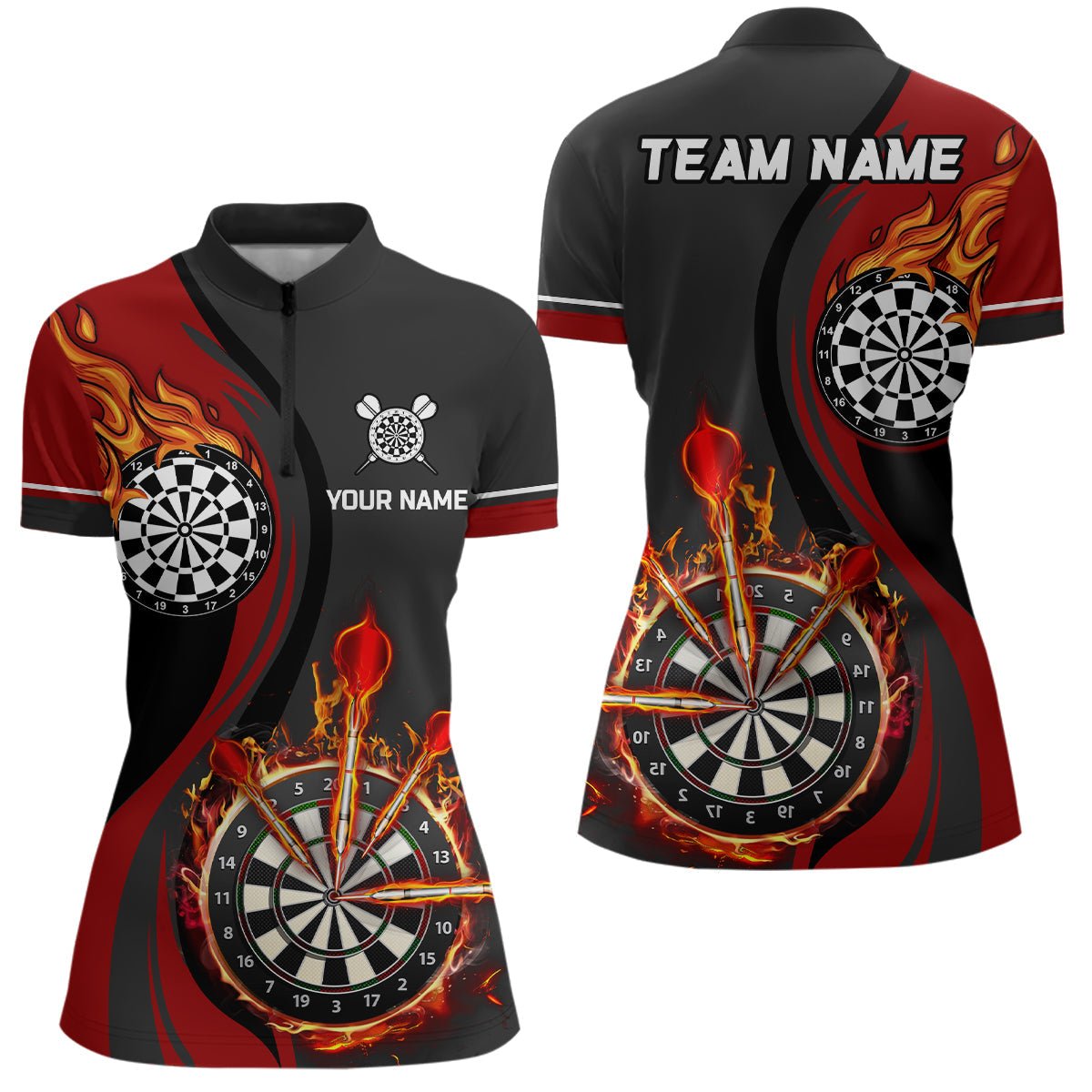 Rotes Feuerflammen Damen Darts Viertelreißverschluss-Shirt | Personalisierte Dartshirts für Frauen | Darttrikots L1475 - Outfitsuche