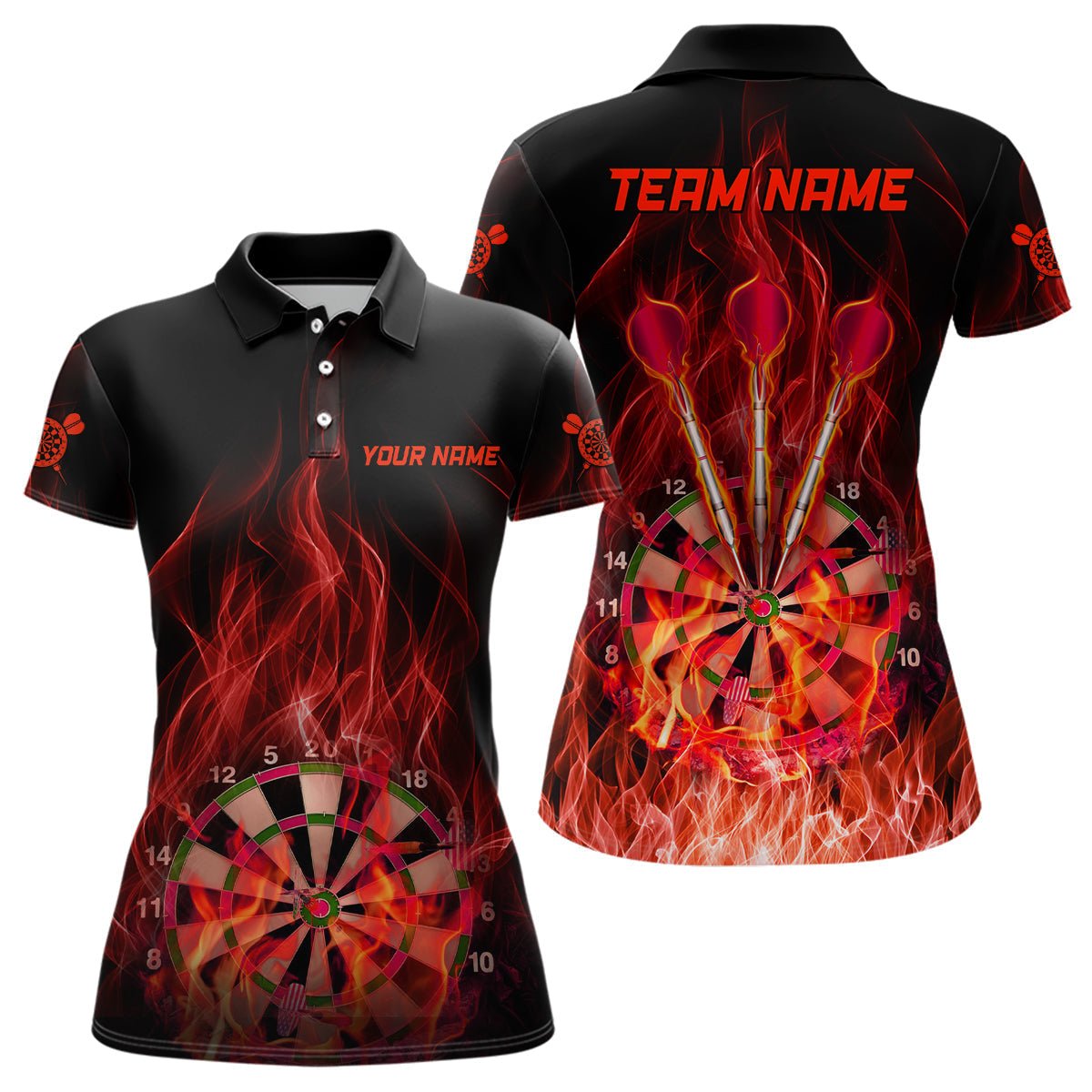 Rotes Feuerflammen-Dartboard Damen-Dartspolo-Shirt | Maßgeschneiderte Dartshirts für Frauen | Darttrikots L1327 - Outfitsuche