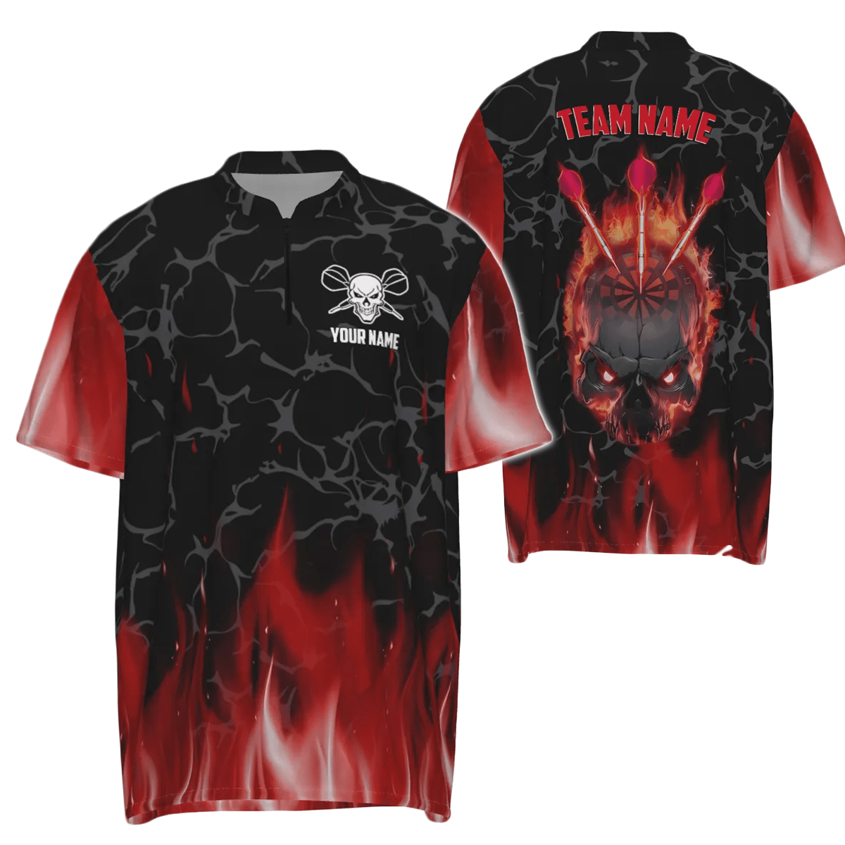 Rotes Flammen Totenkopf Darts Herren Polo Shirt, individuell anpassbares gruseliges Darts Shirt für Männer, coole Dart Trikots K298 - Outfitsuche