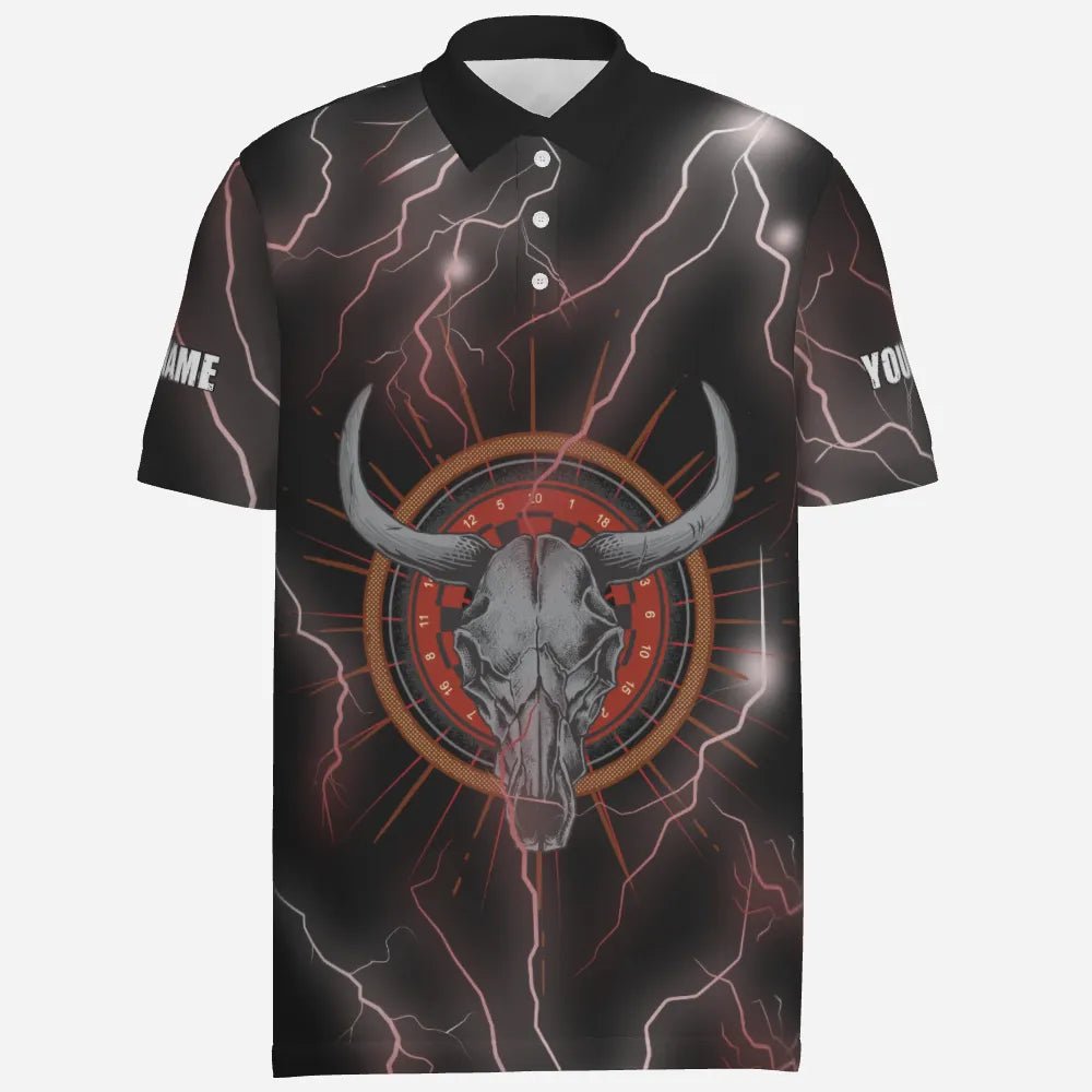 Rotes Polo-Shirt mit Blitz, Donner, Stierenschädel und Darts-Motiv, individuell anpassbares Darts-Trikot für Herren I15 - Outfitsuche