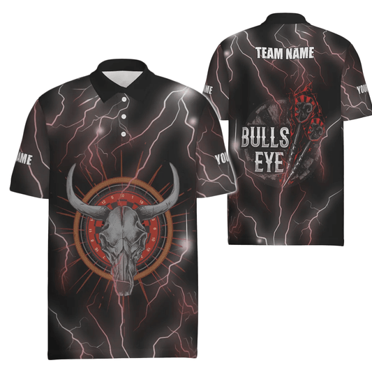 Rotes Polo-Shirt mit Blitz, Donner, Stierenschädel und Darts-Motiv, individuell anpassbares Darts-Trikot für Herren I15 - Outfitsuche