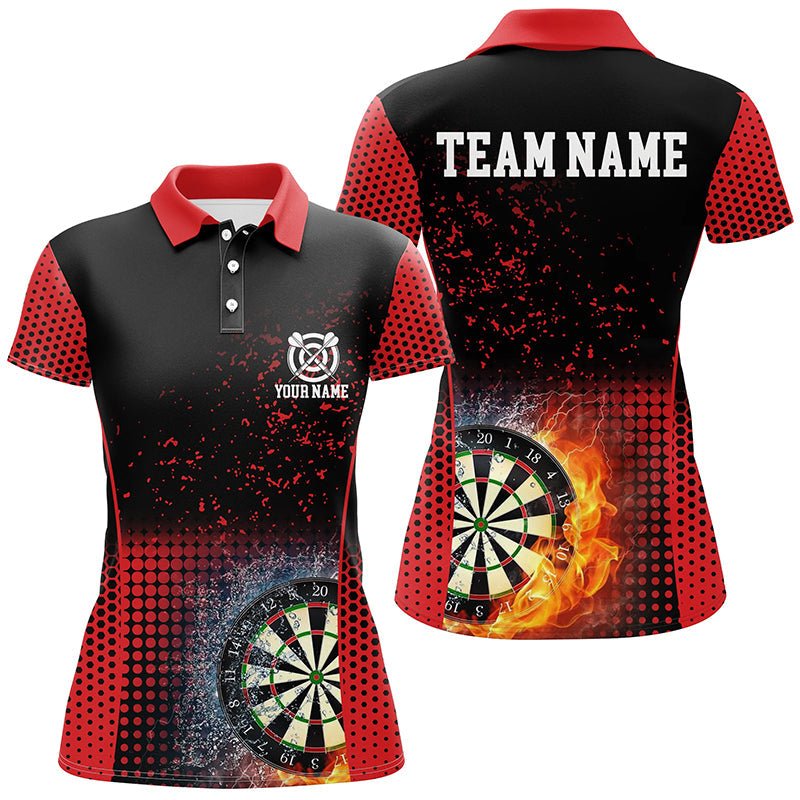 Rotes Schwarzes Feuer & Wasser Damen Darts Polo Shirt | Personalisiertes Darts Shirt für Frauen | Dart Trikots L1360 - Outfitsuche