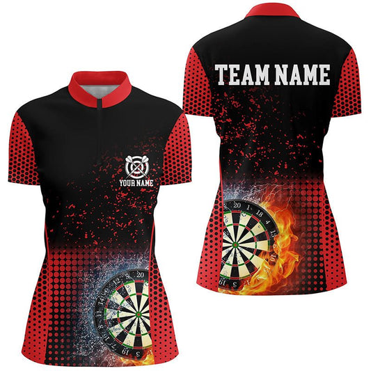 Rotes Schwarzes Feuer & Wasser Darts Viertelreißverschluss-Shirt | Personalisiertes Darts-Shirt für Damen | Dart Trikots L1360 - Outfitsuche