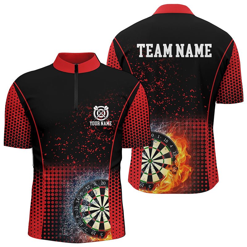 Rotes Schwarzes Feuer & Wasser Darts Viertelreißverschluss-Shirt | Personalisiertes Darts-Shirt für Herren | Dart Trikots L1360 - Outfitsuche