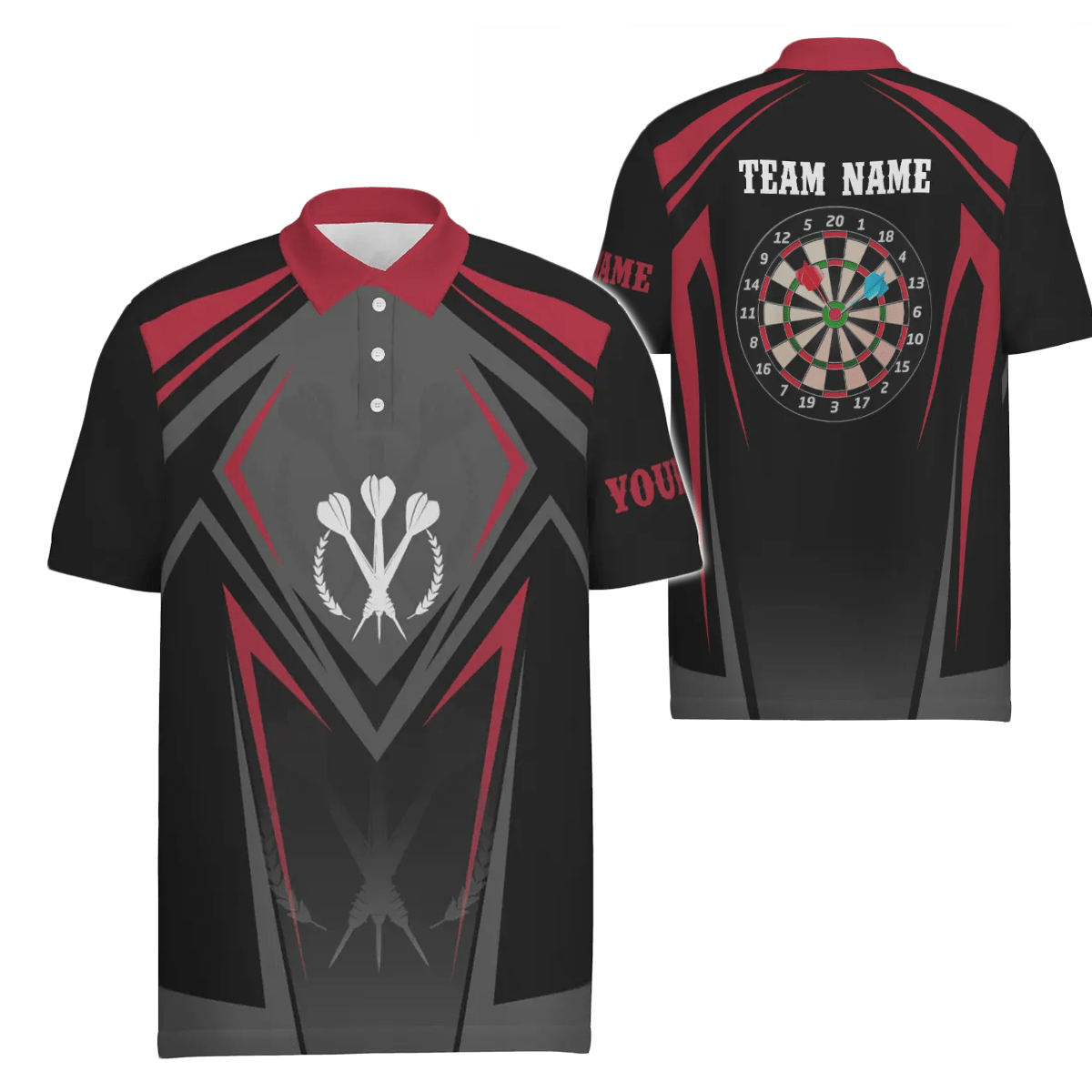 Rotes schwarzes sportliches personalisiertes Darts Polo Shirt für Herren, individuell anpassbares cooles Dart Trikot P124 - Outfitsuche