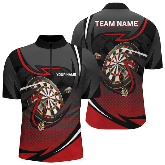 Rotes und graues Sport-Darts-Viertelreißverschluss-Shirt | Personalisiertes Darts-Shirt für Herren | Dart Trikots L1349 - Outfitsuche