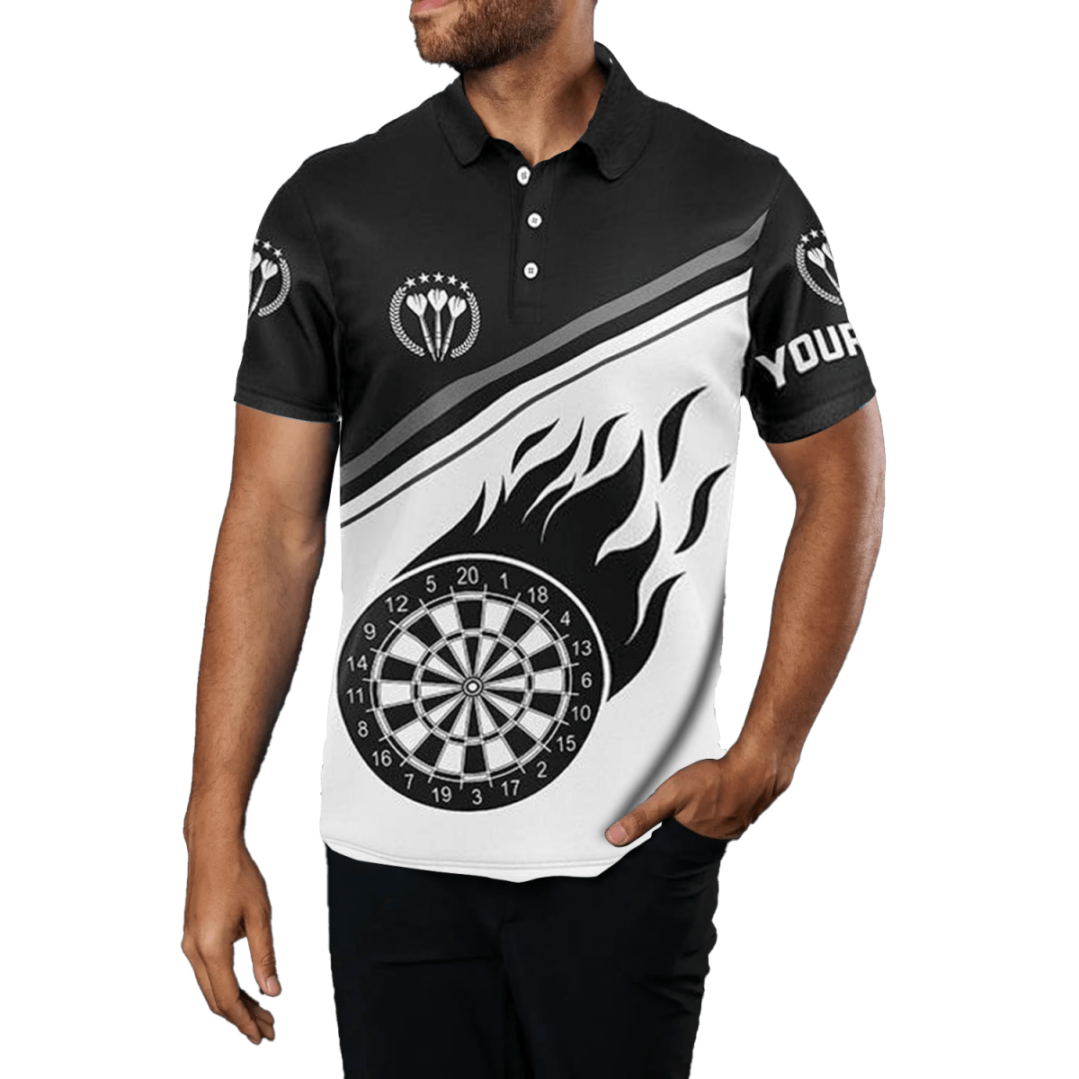 Schwarz - weißes Darts - Herren - Polo - Shirt mit Flammenmotiv, Dart - Trikot d0971 - Outfitsuche