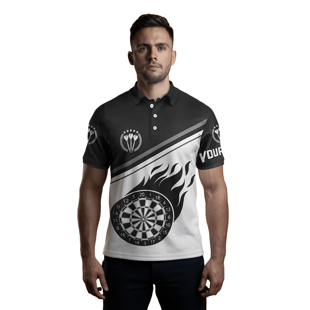 Schwarz - weißes Darts - Herren - Polo - Shirt mit Flammenmotiv, Dart - Trikot d0971 - Outfitsuche