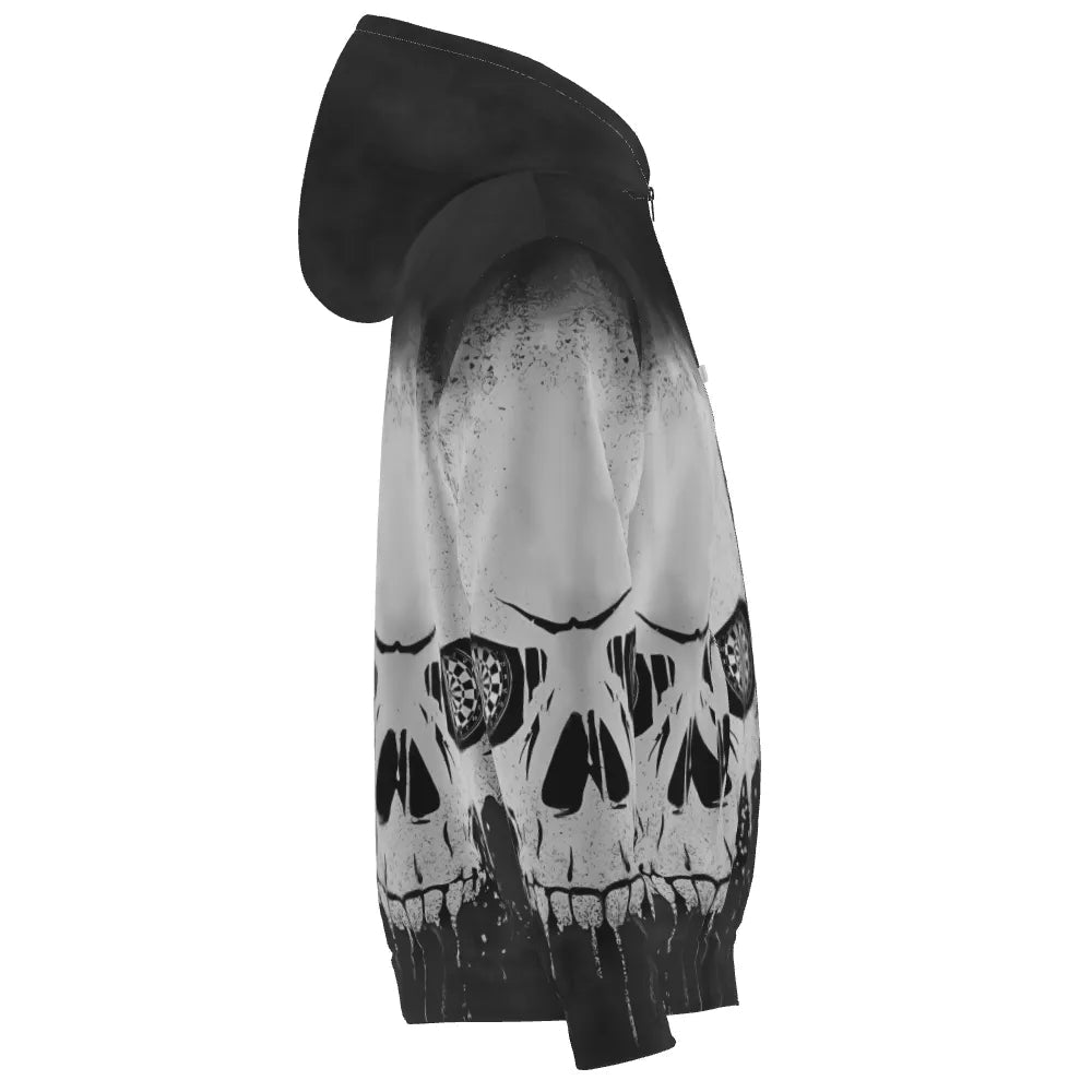 Schwarze und Weiße Darts Zip - Hoodie mit rauchigem Totenkopf - Design S589 - Outfitsuche