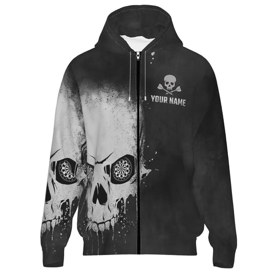 Schwarze und Weiße Darts Zip - Hoodie mit rauchigem Totenkopf - Design S589 - Outfitsuche