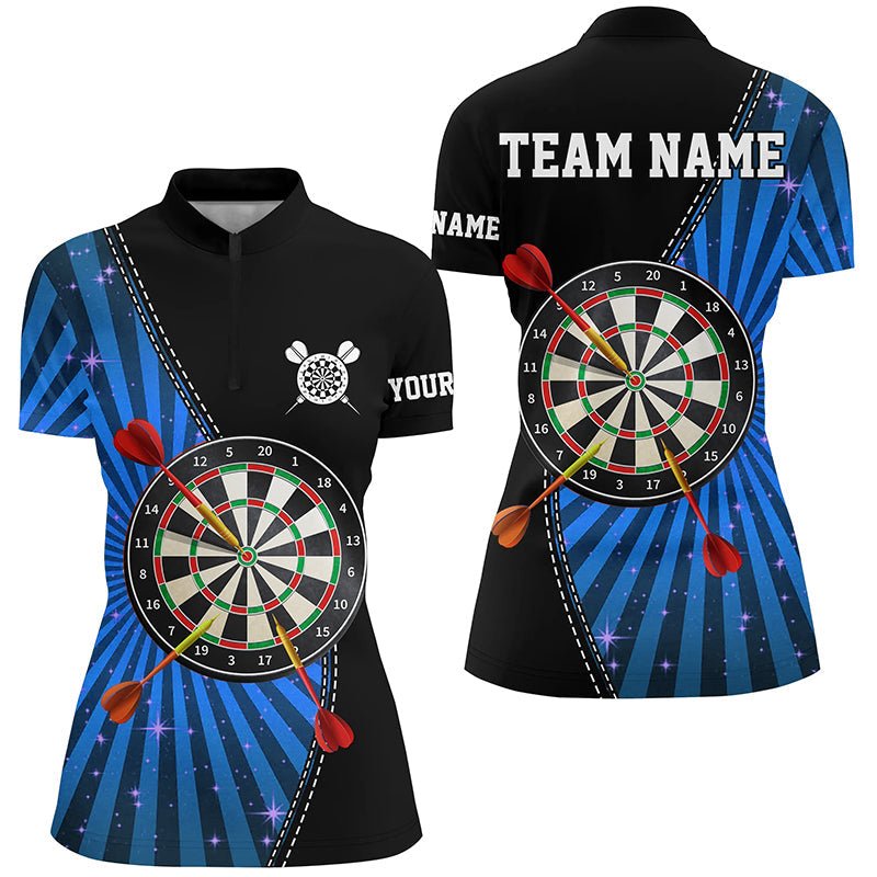 Schwarzes Blau Halo Darts Viertelreißverschluss-Shirt | Personalisiertes Cooles Darts-Shirt für Damen | Dart Trikots L1462 - Outfitsuche