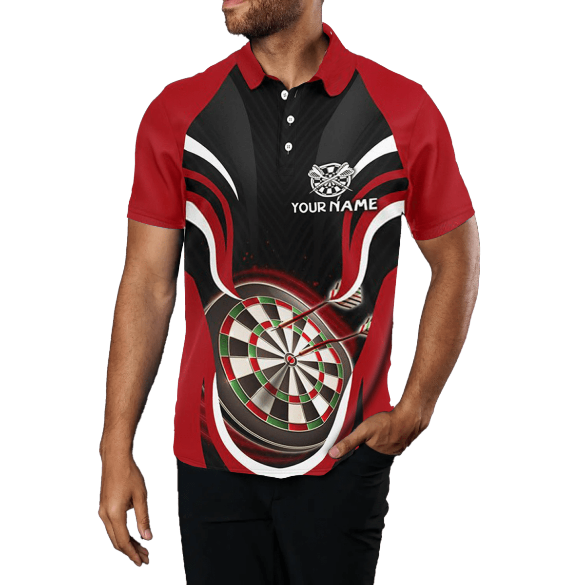 Schwarzes Dart Polo Shirt für Herren | Rotes Design | Coole Dartshirts L1392 - Outfitsuche