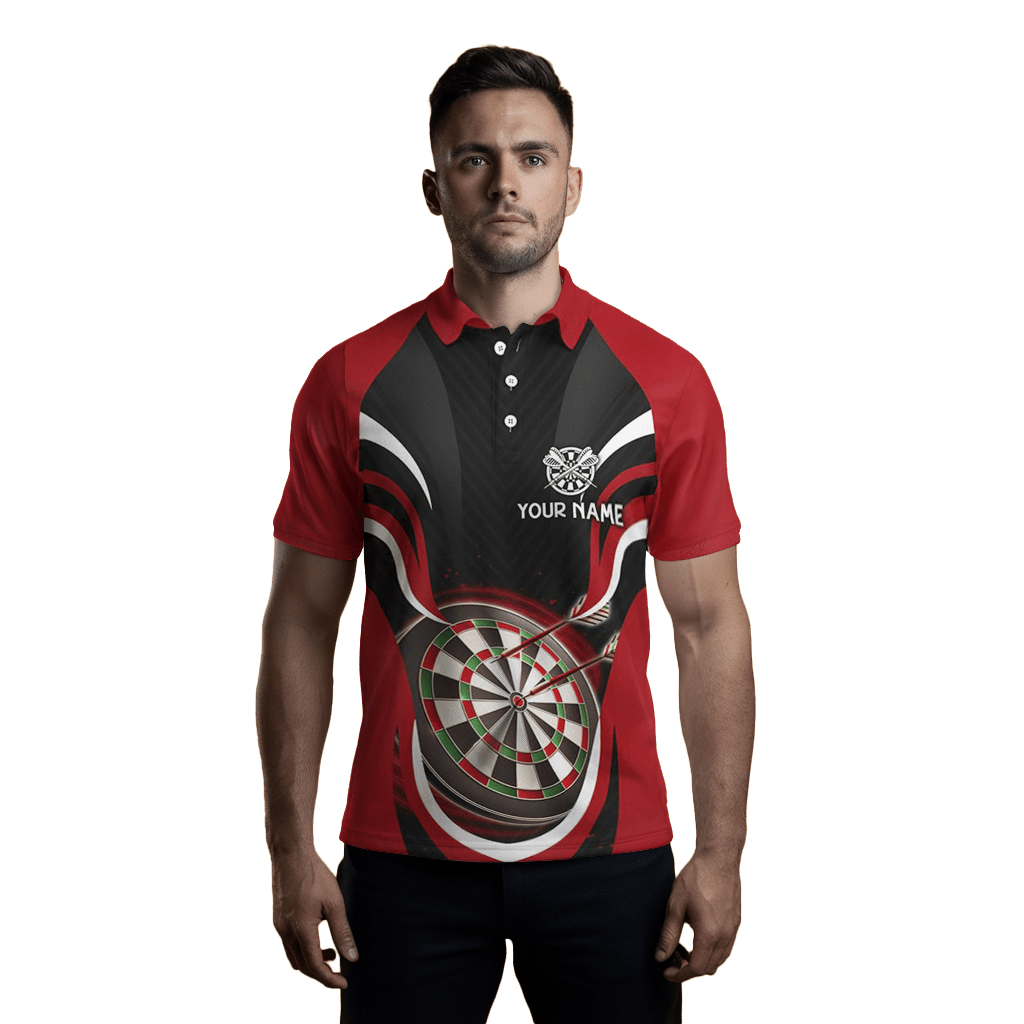 Schwarzes Dart Polo Shirt für Herren | Rotes Design | Coole Dartshirts L1392 - Outfitsuche