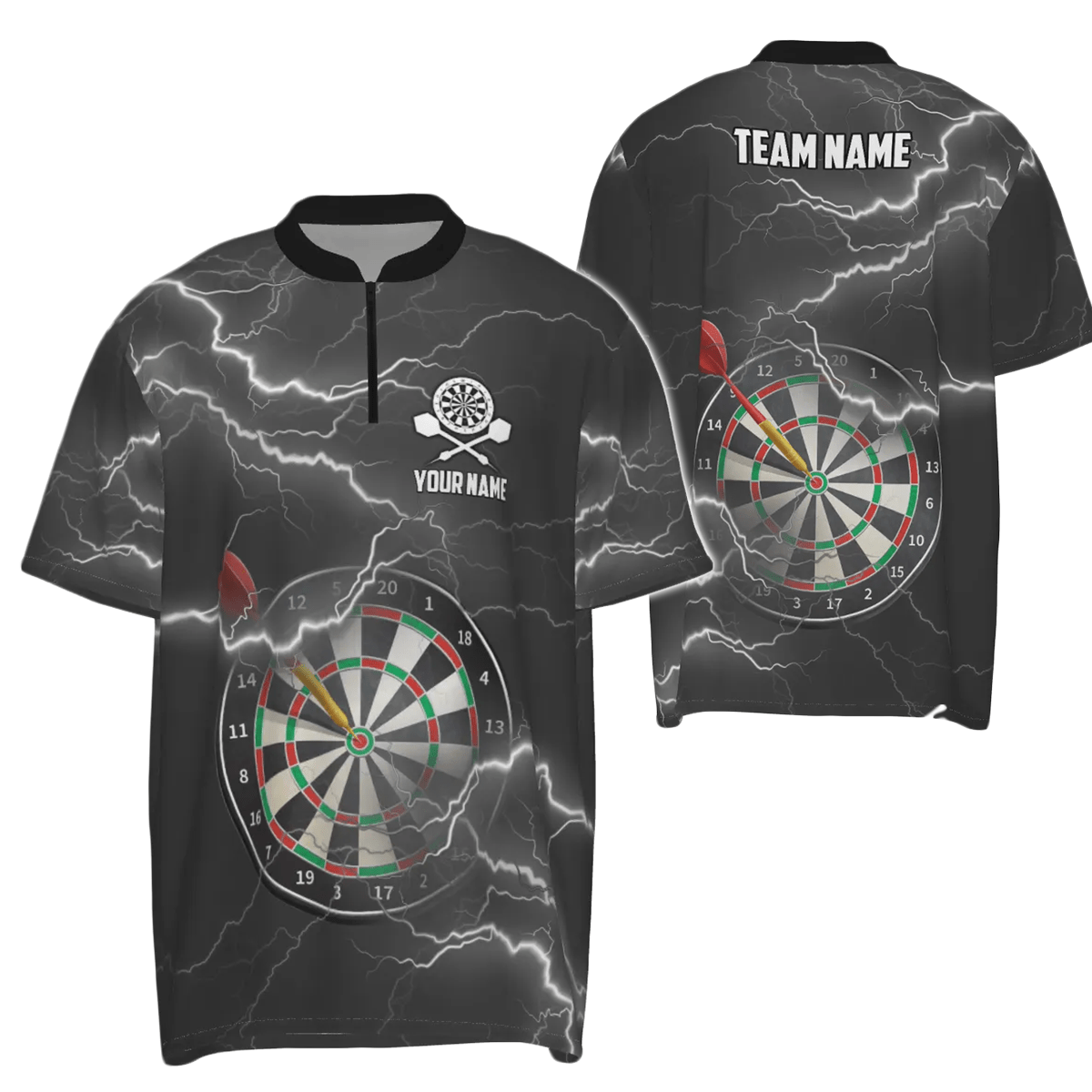 Schwarzes graues Herren Darts Polo Shirt mit Blitz und Donner, individuell anpassbares Darts-Shirt für Männer, Darts Trikot N47 - Outfitsuche