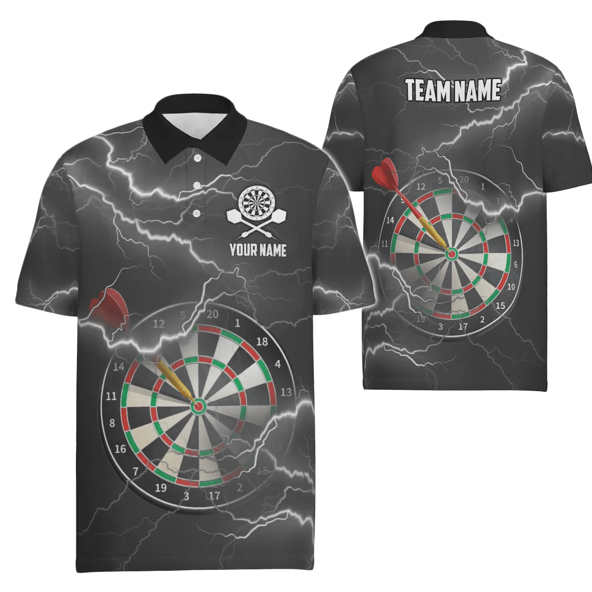 Schwarzes graues Herren Darts Polo Shirt mit Blitz und Donner, individuell anpassbares Darts-Shirt für Männer, Darts Trikot N47 - Outfitsuche