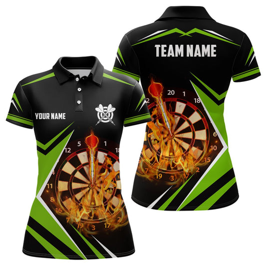 Schwarzes Grünes Feuerflammen Damen Darts Polo Shirt | Personalisiertes Darts Shirt für Frauen | Dart Trikots | L1389 - Outfitsuche