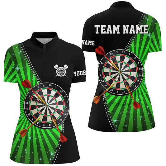 Schwarzes Grünes Halo Darts Viertelreißverschluss-Shirt | Personalisiertes Cooles Darts-Shirt für Damen | Dart Trikots L1463 - Outfitsuche