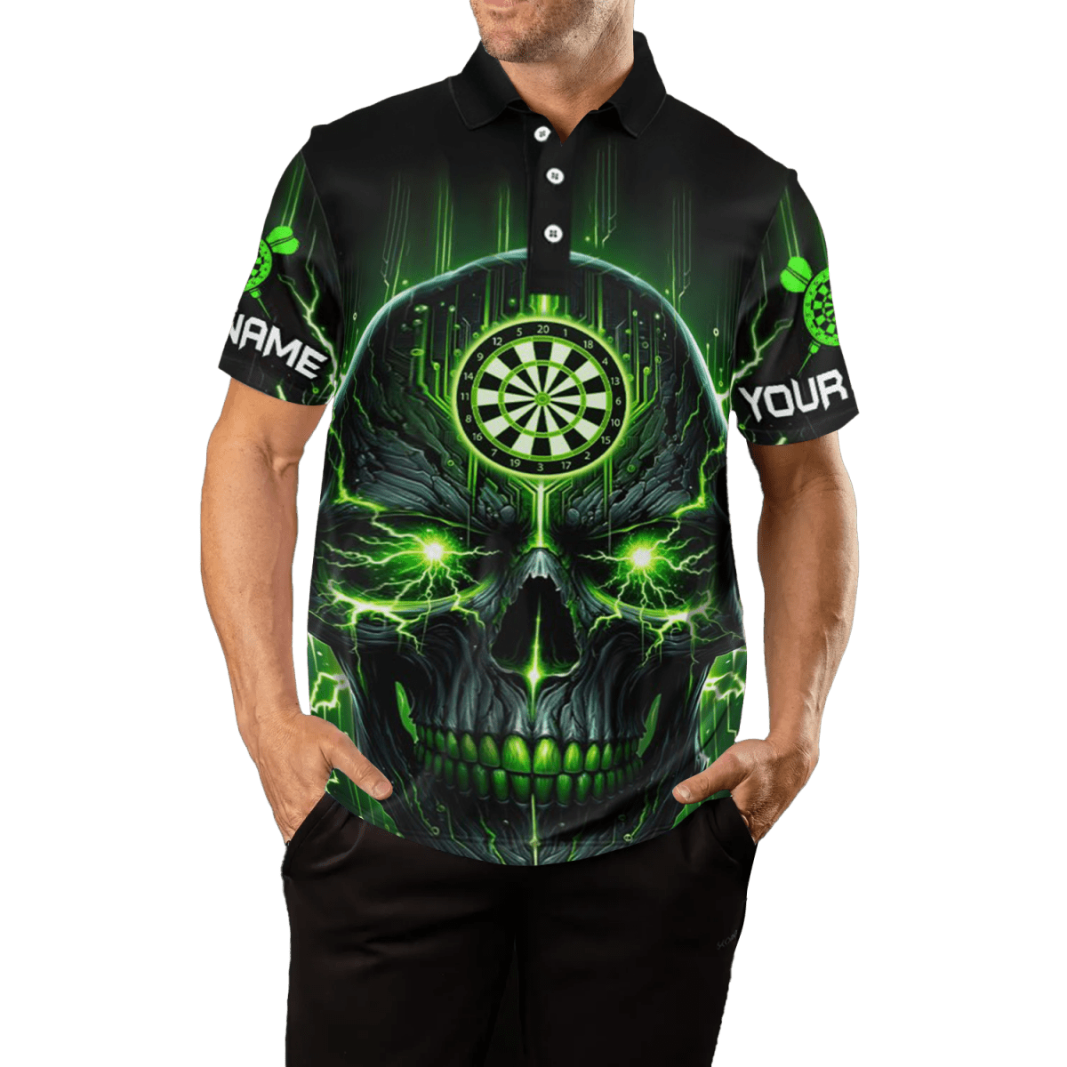 Schwarzes Grünes Herren Darts Polo Shirt mit Totenkopf | Gruseliges Dart Trikot L1432 - Outfitsuche