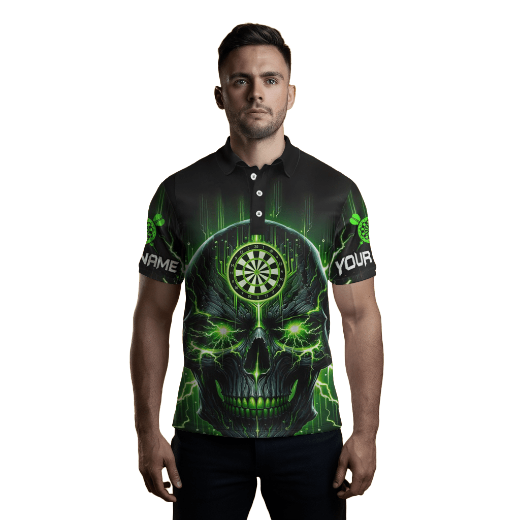 Schwarzes Grünes Herren Darts Polo Shirt mit Totenkopf | Gruseliges Dart Trikot L1432 - Outfitsuche