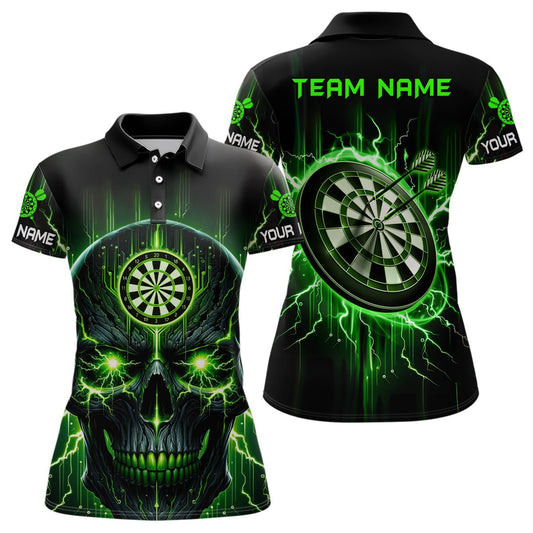 Schwarzes Grünes Totenkopf Damen Darts Polo Shirt | Personalisiertes Gruseliges Darts Shirt für Frauen | Dart Trikots | L1432 - Outfitsuche