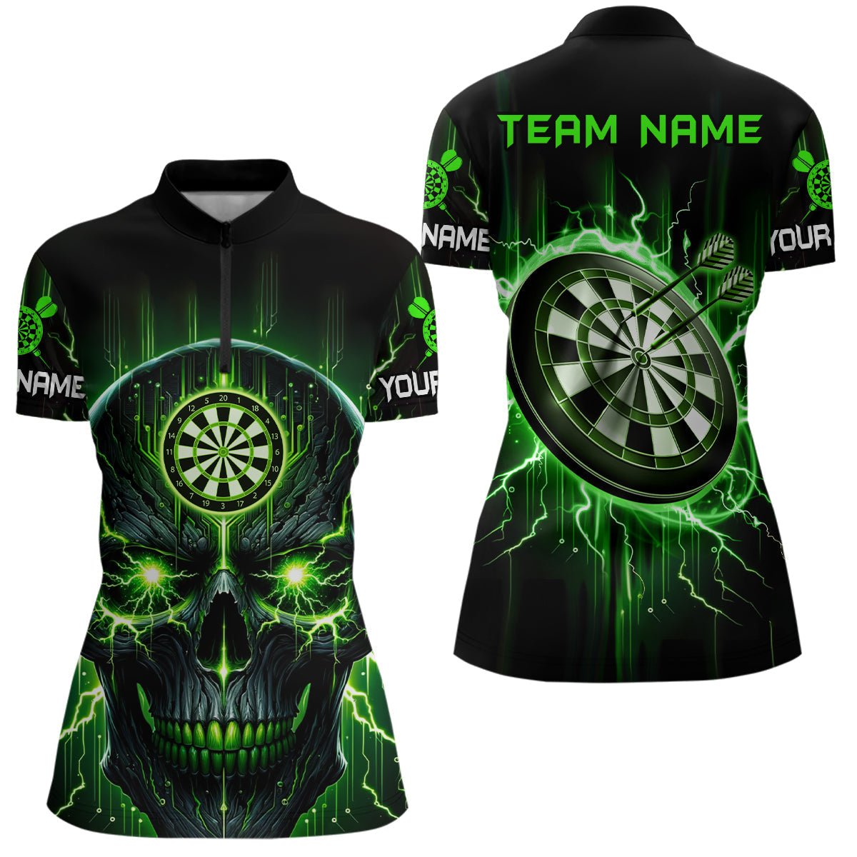 Schwarzes Grünes Totenkopf-Darts-Viertelreißverschluss-Shirt | Personalisiertes Gruseliges Darts-Shirt für Damen | Dart Trikots L1432 - Outfitsuche