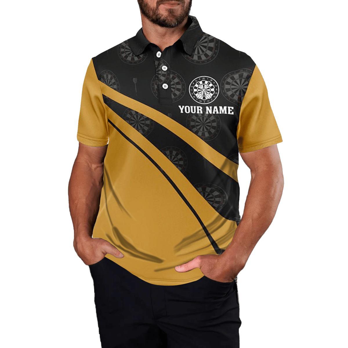 Schwarzes Herren Bier - Darts Polo - Shirt, Darts - Trikot in Schwarz/Gelb J499 - Outfitsuche