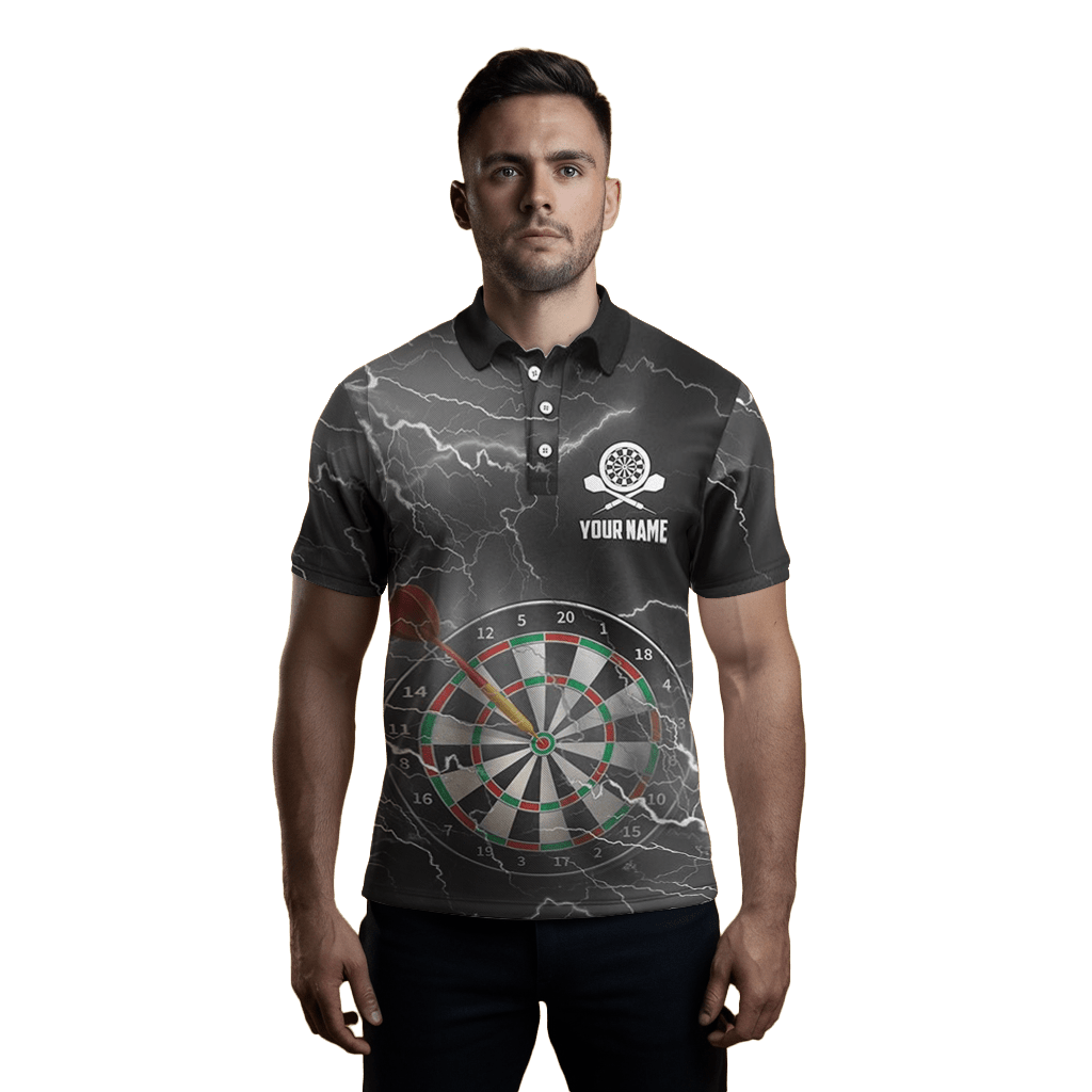 Schwarzes Herren Darts Polo Shirt mit Blitz und Donner, Grau, Darts - Trikot N47 - Outfitsuche