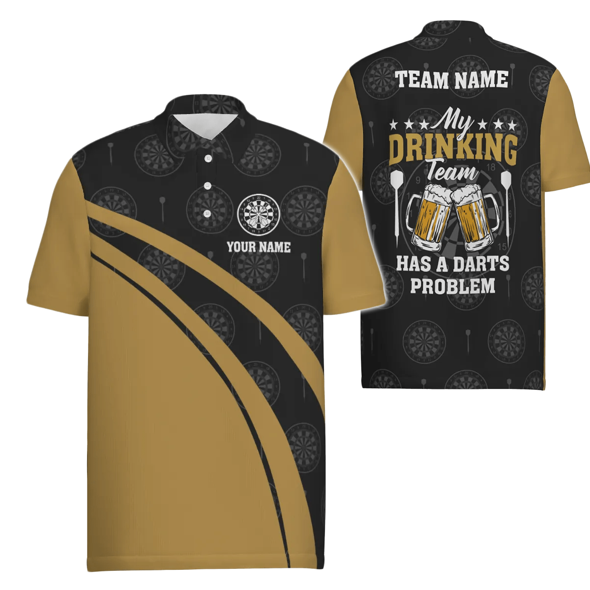 Schwarzes Herren Polo-Shirt für mein Trinkteam mit Bier-Darts, individuell anpassbares Darts-Trikot für Männer in Schwarz und Gelb J499 - Outfitsuche