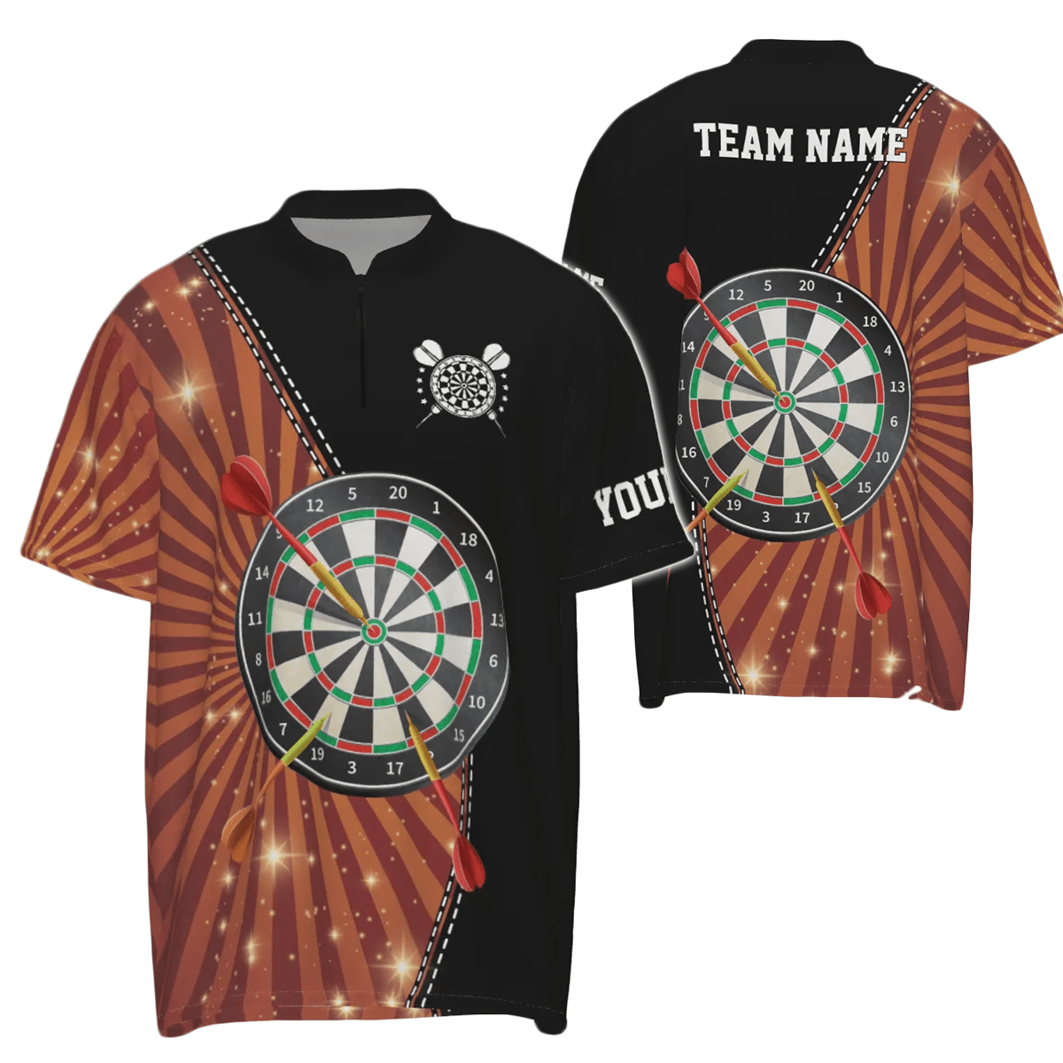 Schwarzes Orange Halo Darts 1/4 Zip Shirt, individuell anpassbares cooles Darts-Shirt für Herren, Dart Trikots E177 - Outfitsuche