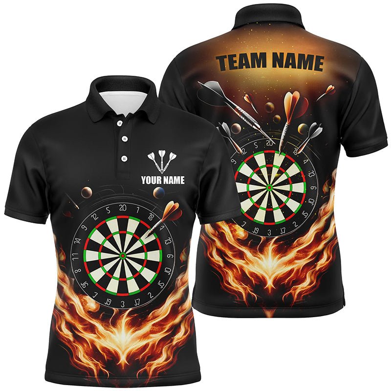 Schwarzes Orangenes Feuerflammen-Herren-Dartspoloshirt | Individuelles Dartshirt für Herren | Darttrikots L1372 - Outfitsuche