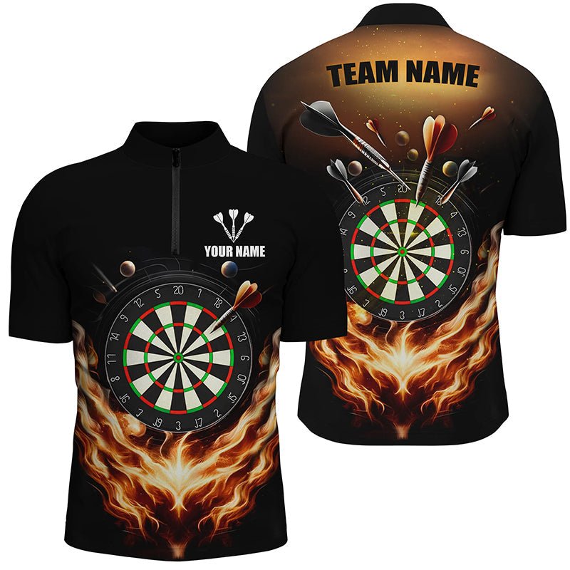 Schwarzes Orangenes Feuerflammen-Herren-Dartspoloshirt | Individuelles Dartshirt für Herren | Darttrikots L1372 - Outfitsuche