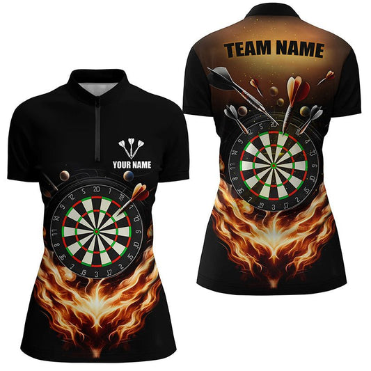 Schwarzes Oranges Feuerflammen-Darts-Viertelreißverschluss-Shirt | Personalisiertes Darts-Shirt für Damen | Dart-Trikots L1372 - Outfitsuche