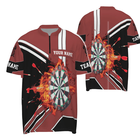 Schwarzes Rot Flammen Dartboard 1/4 Zip Shirt, individuell anpassbares Feuer-Darts-Shirt für Herren, Dart-Trikot L246 - Outfitsuche