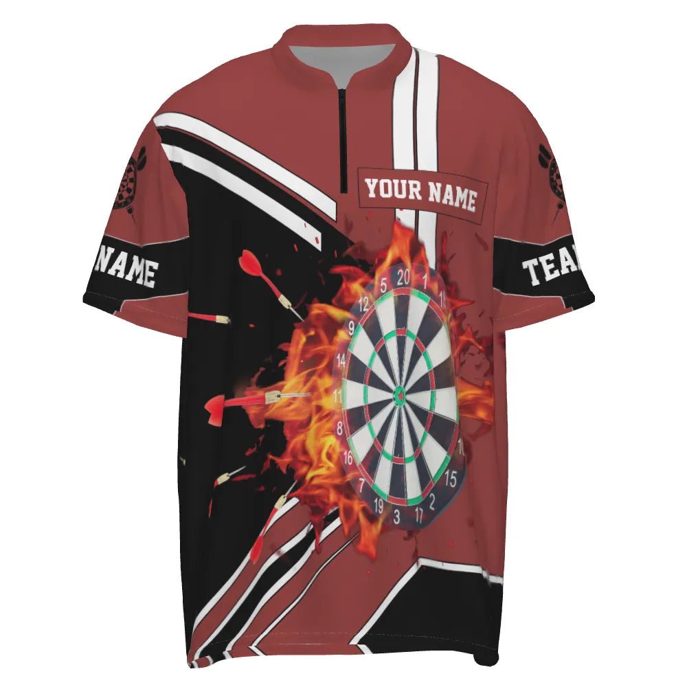 Schwarzes Rot Flammen Dartboard 1/4 Zip Shirt, individuell anpassbares Feuer-Darts-Shirt für Herren, Dart-Trikot L246 - Outfitsuche