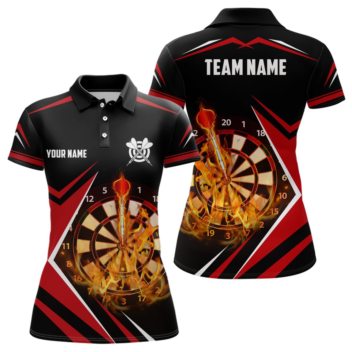 Schwarzes Rotes Feuerflammen Damen Darts Polo Shirt | Personalisiertes Darts Shirt für Frauen | Dart Trikots | L1388 - Outfitsuche