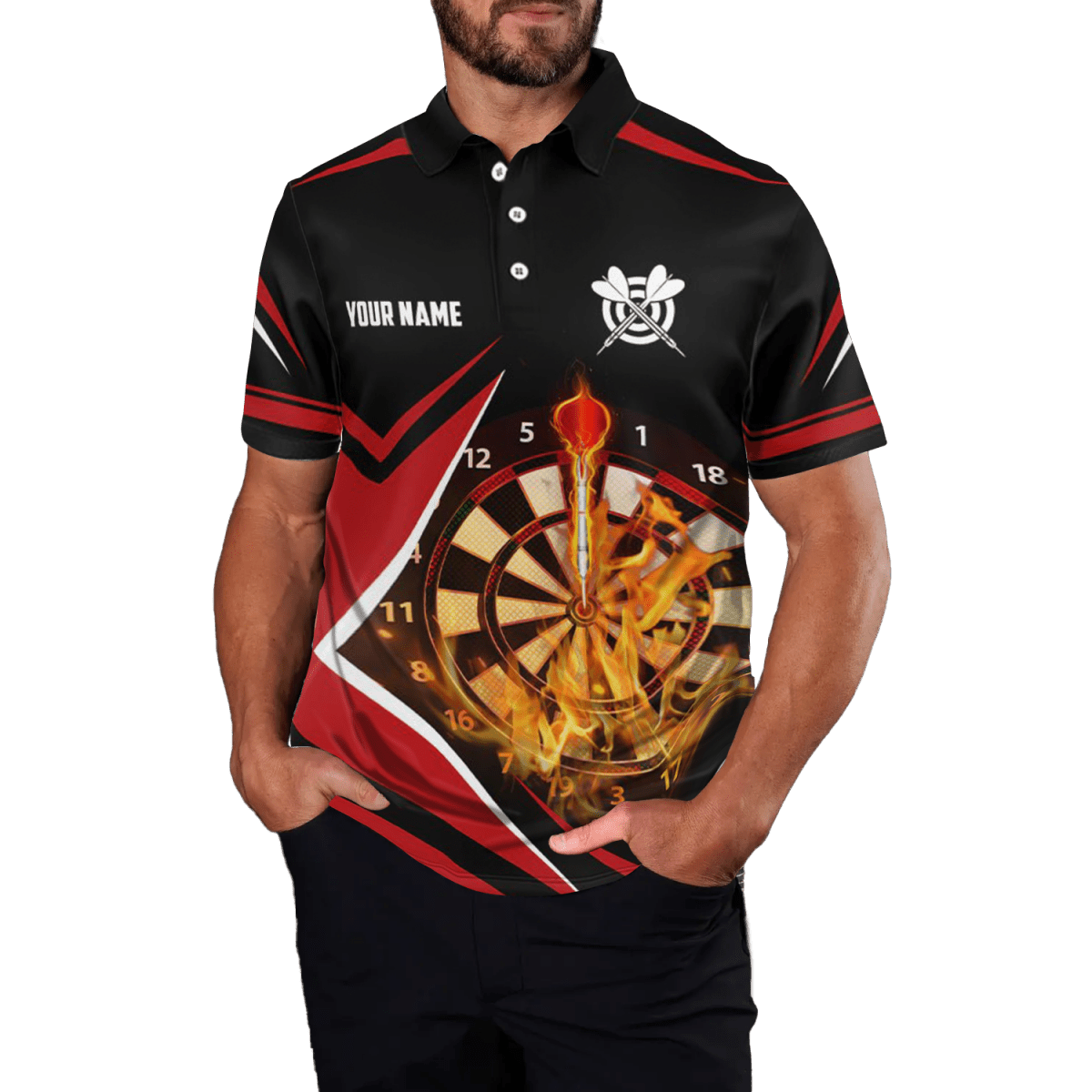 Schwarzes Rotes Herren Darts Polo Shirt | Feuerflammen Design | Dart Trikot L1388 - Outfitsuche